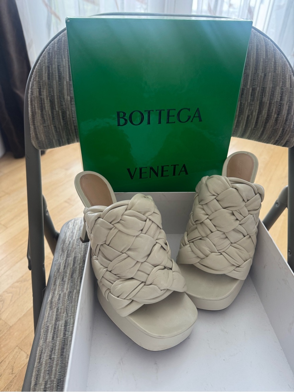 Bottega Veneta Cream Woven Platform Slide Sandals